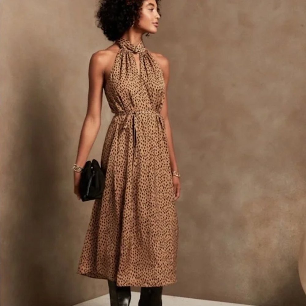Twist-Neck Satin Midi Dress in Afternoon Latte Brown